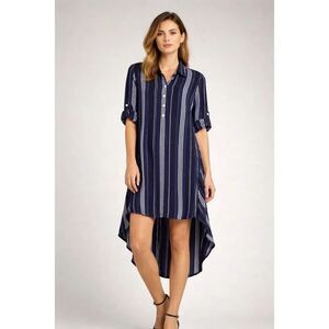 Max Edition Striped High Low Tunic Dress Small Blue Rayon